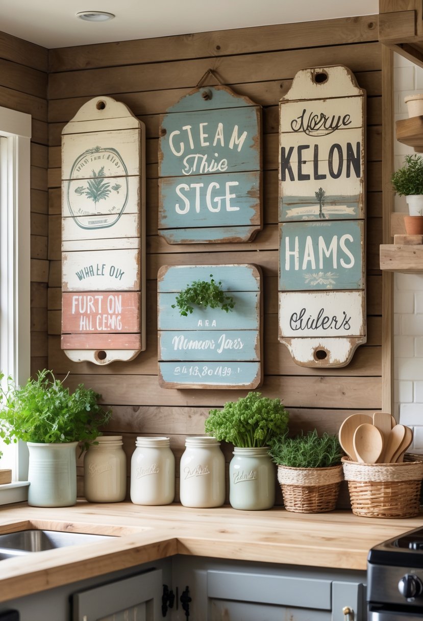 A cozy kitchen with wooden wall art made from vintage-style signs and simple decorative items on the countertop.