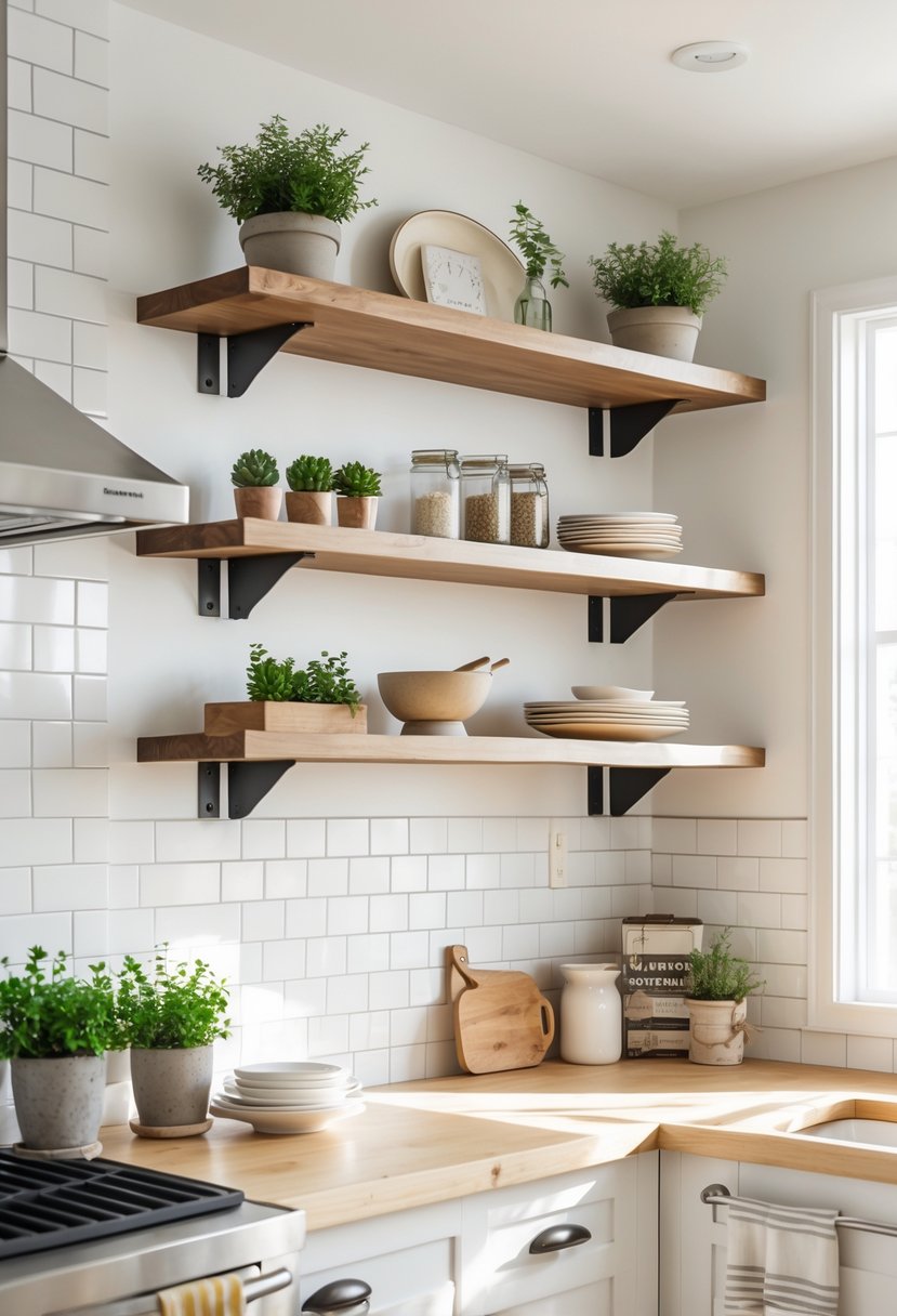 A kitchen wall with floating wooden shelves supported by black metal brackets, displaying plants, jars, and dishes.