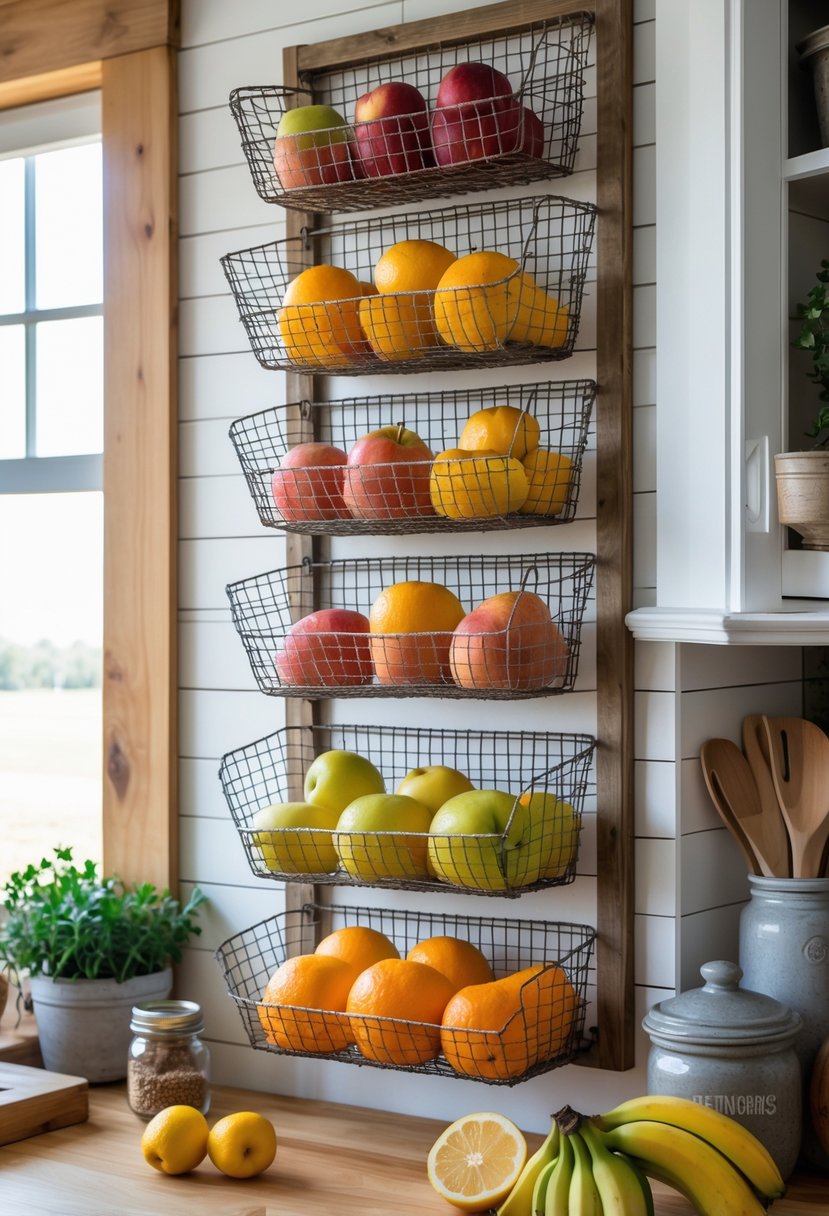 A kitchen with a wire basket storage system holding various fresh fruits arranged on wooden shelves.