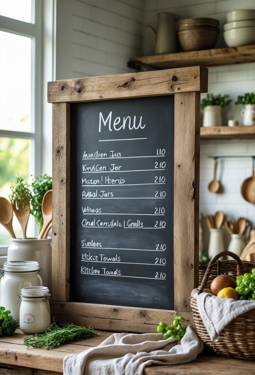 A wood-framed chalkboard menu in a kitchen surrounded by DIY kitchen decor items like herbs, wooden utensils, bowls, and baskets.
