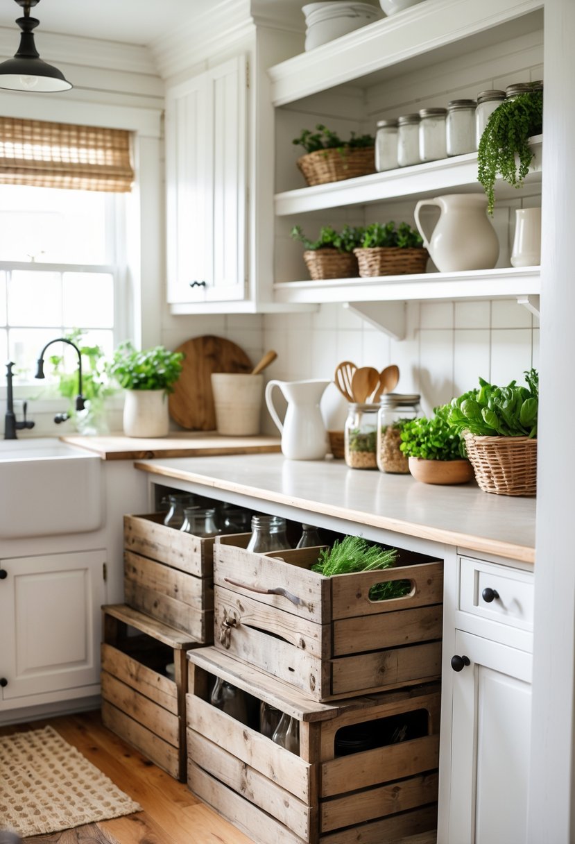 A farmhouse kitchen with old wooden crates used as under-counter storage filled with kitchen items.