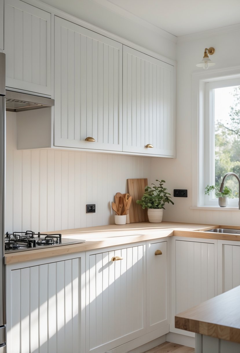A bright kitchen with white cabinets featuring decorative beadboard paneling and natural light coming through a window.