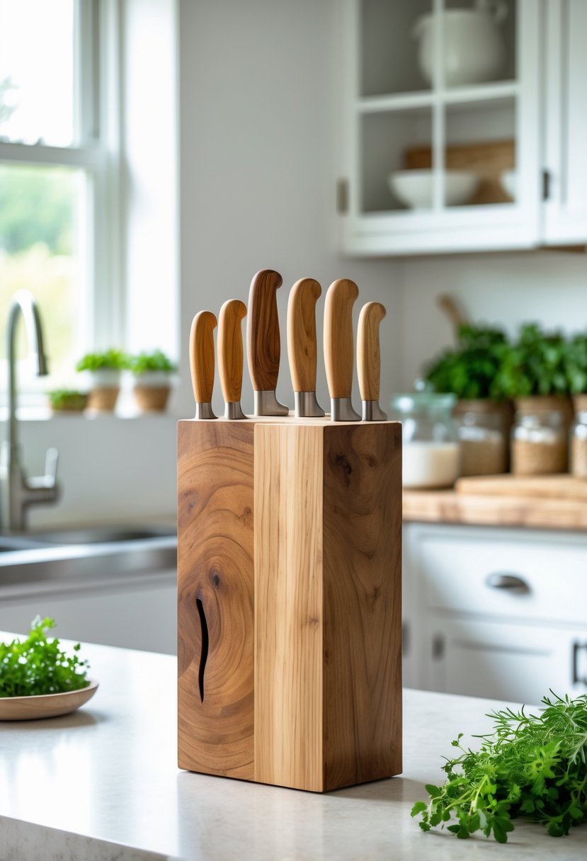 A wooden knife block with knives on a kitchen countertop in a bright kitchen.