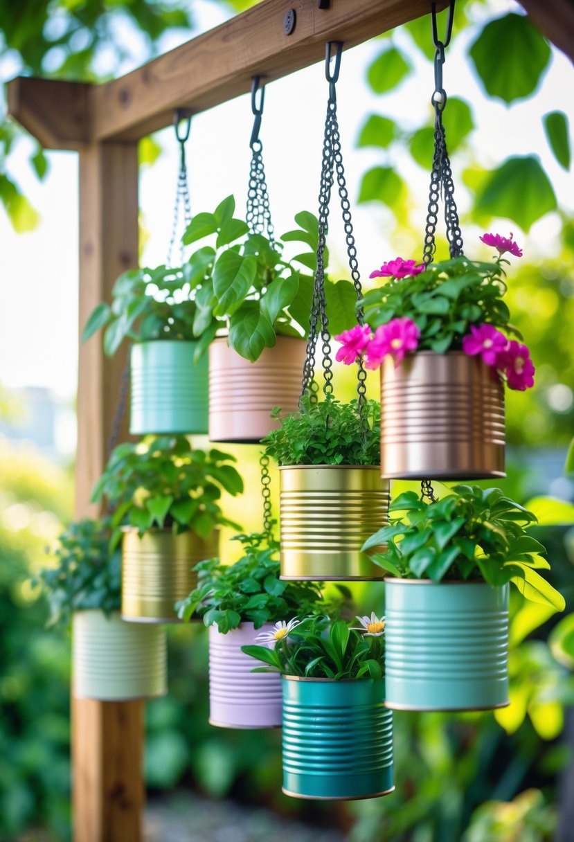 A collection of colorful tin can planters hanging by chains, filled with green plants and flowers in a garden setting.