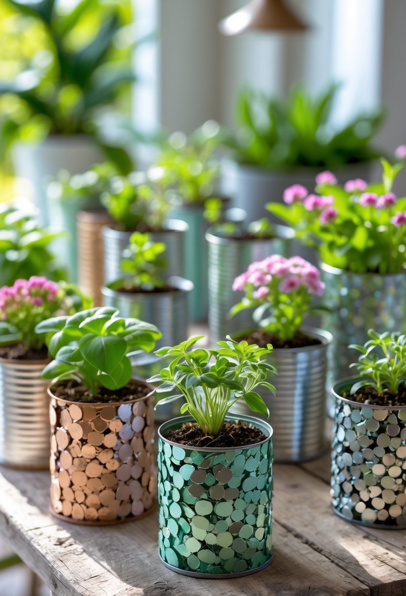 A collection of smashed tin can planters filled with green plants and flowers arranged on a wooden table.