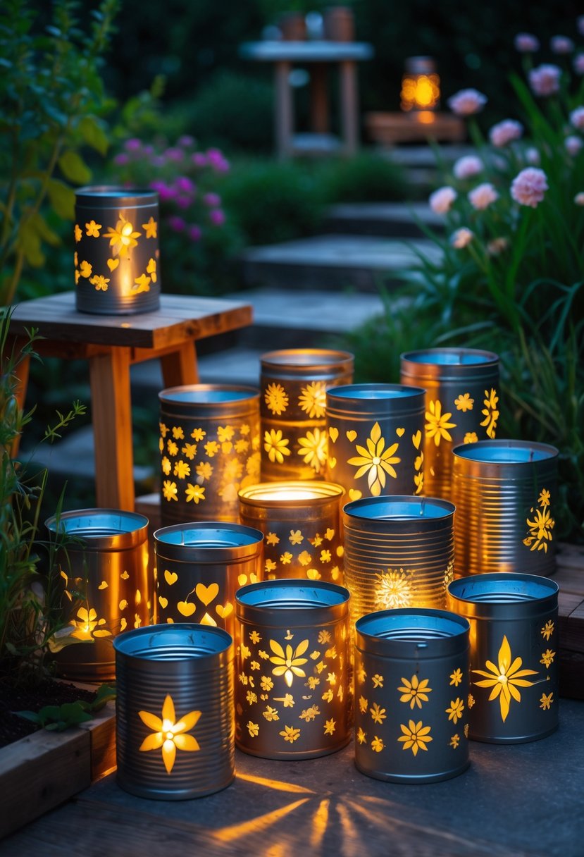 Fifteen lit tin can lanterns with cut-out designs arranged in a garden surrounded by plants and flowers.