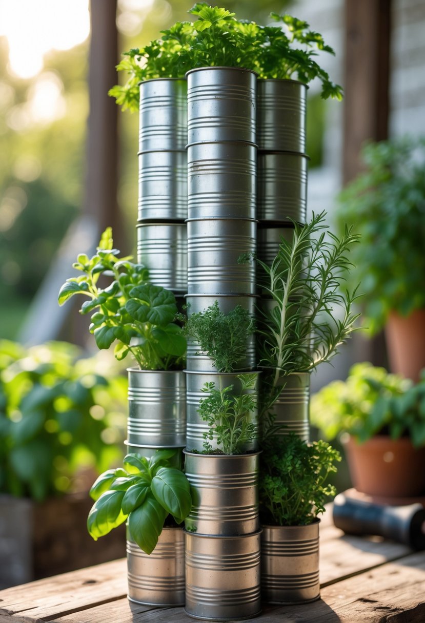 A vertical stack of 15 upcycled tin cans filled with various fresh green herbs arranged outdoors on a wooden surface.