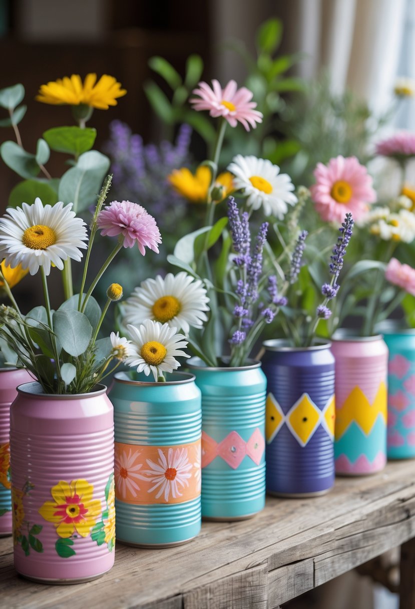 A group of 15 painted tin cans used as vases holding fresh flowers arranged on a wooden table.