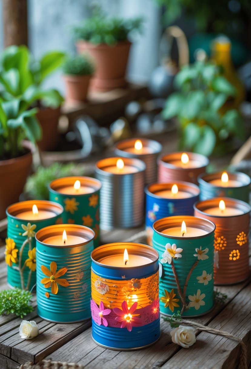 A collection of colorful upcycled tin can candle holders glowing with candles, arranged on a wooden table surrounded by plants and garden items.