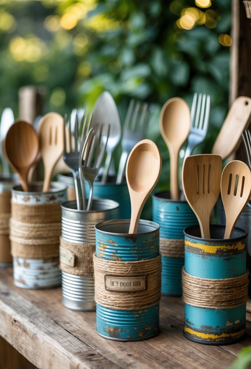A collection of rustic upcycled tin cans holding kitchen utensils on a wooden table with greenery in the background.
