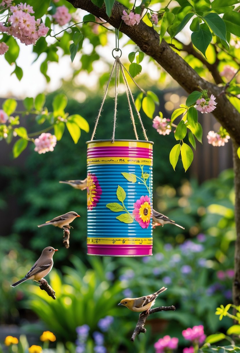 An upcycled tin can bird feeder hanging from a tree branch in a garden with birds feeding and plants in the background.