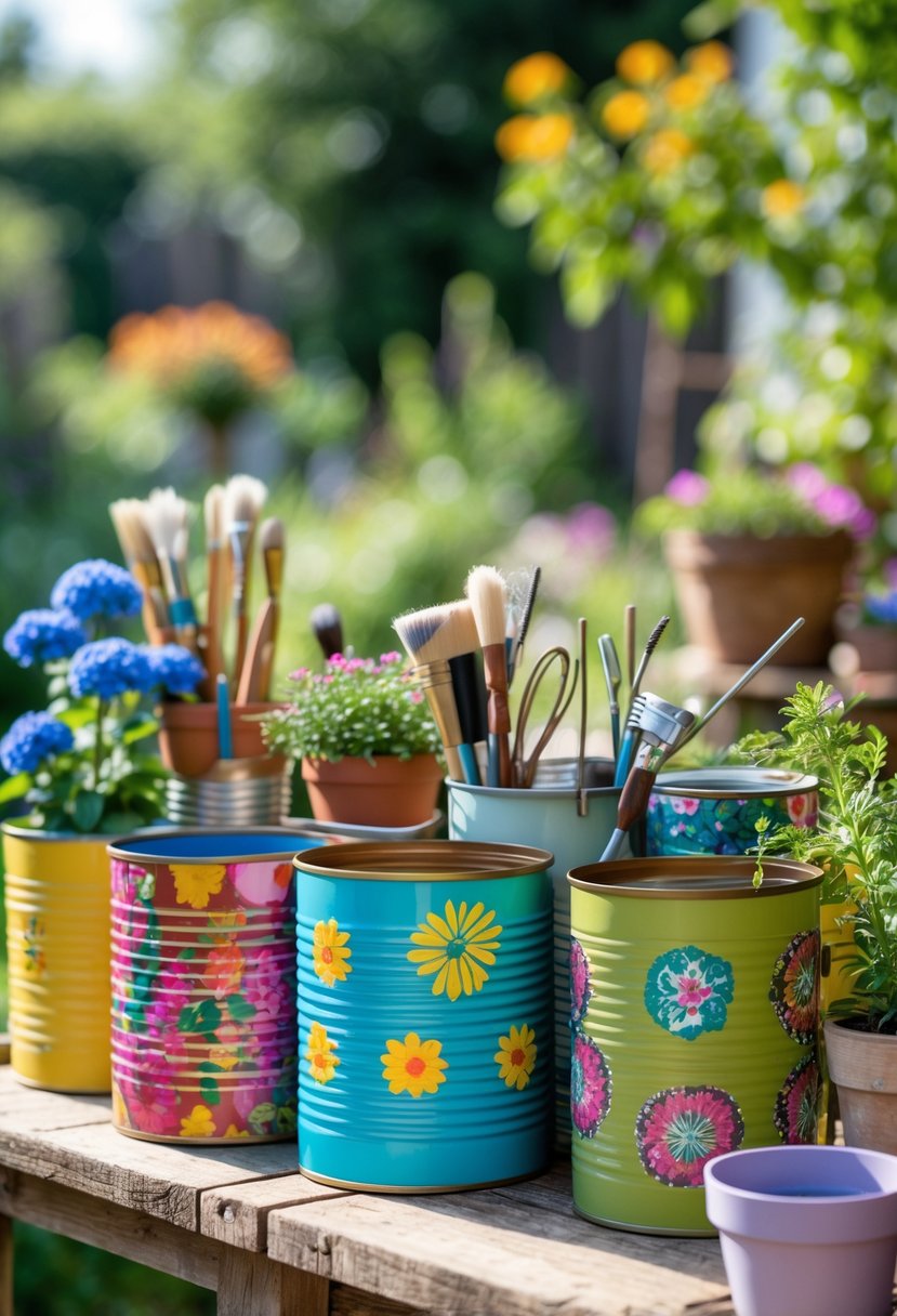 A variety of colorful upcycled tin can storage bins holding gardening tools and craft supplies on a wooden table with a garden background.