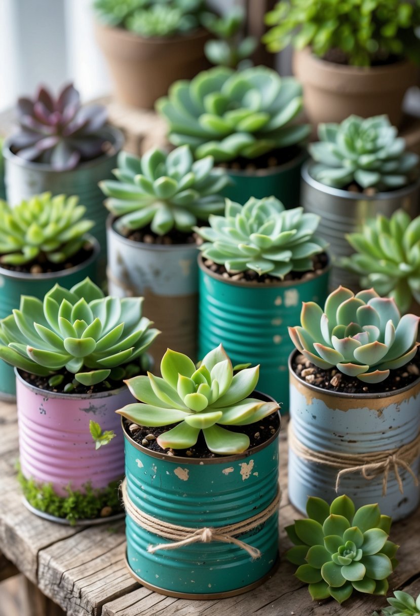 A collection of upcycled tin cans filled with various green succulents arranged on a wooden surface.