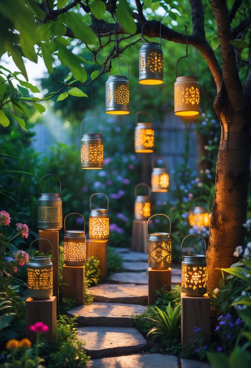 Outdoor garden with 15 upcycled tin can light fixtures hanging and placed among plants and flowers, glowing warmly in the daylight.