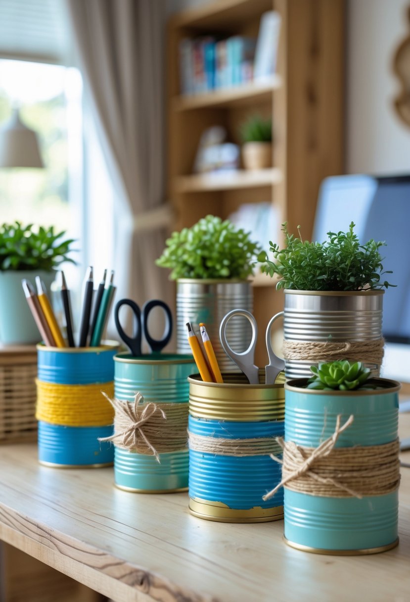 A variety of decorated tin cans used as desk organizers holding office supplies and small plants on a wooden desk in a cozy home office.
