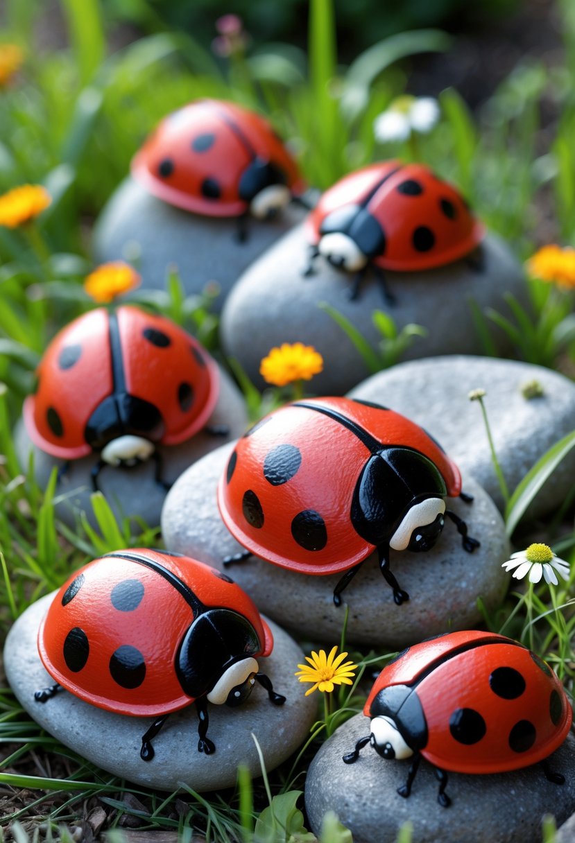 A group of garden rocks painted to look like ladybugs arranged on grass with flowers.