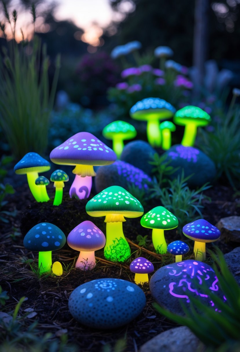 A group of colorful, mushroom-shaped painted stones glowing softly in a garden at dusk surrounded by grass and plants.