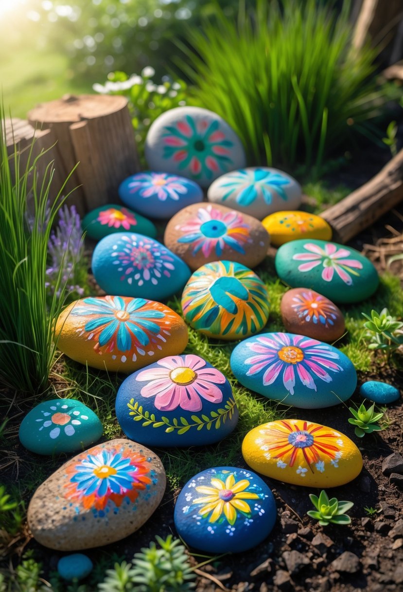 A collection of colorful painted rocks arranged on grass and soil in a garden with plants around them.