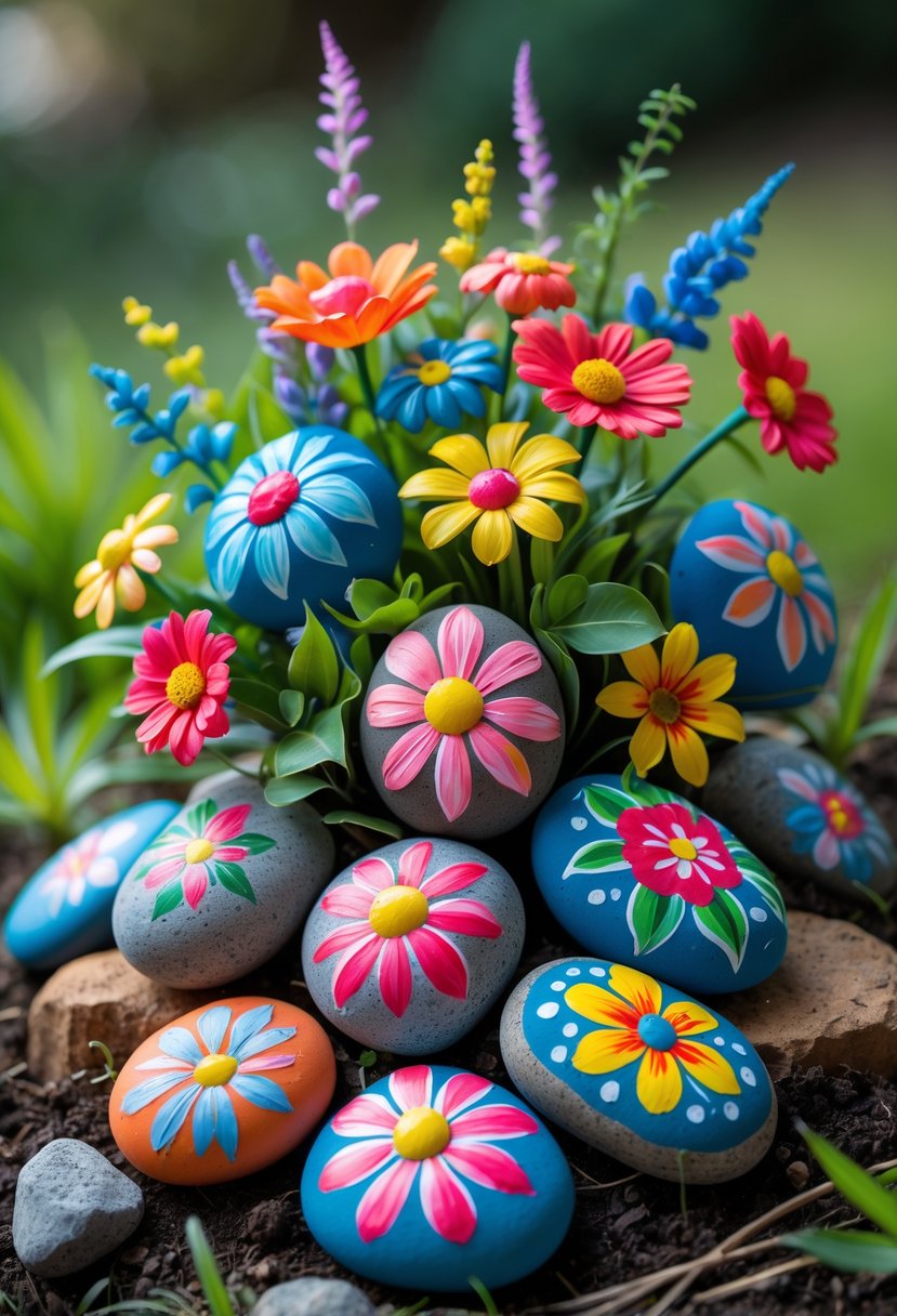 A colorful arrangement of painted rocks decorated with floral designs placed outdoors on soil and surrounded by grass.