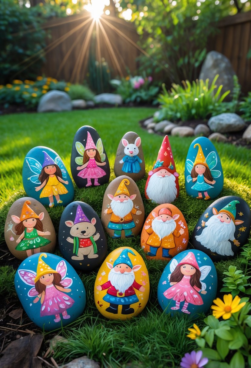 A garden yard with sixteen colorful rocks painted as fairy tale characters including fairies, gnomes, animals, and magical creatures, surrounded by grass and flowers.