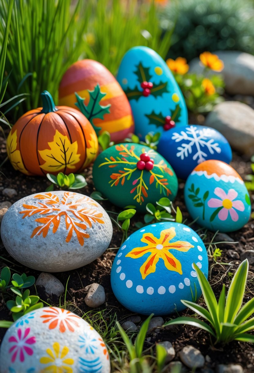 A collection of colorful painted rocks with seasonal holiday designs arranged outdoors in a garden setting.