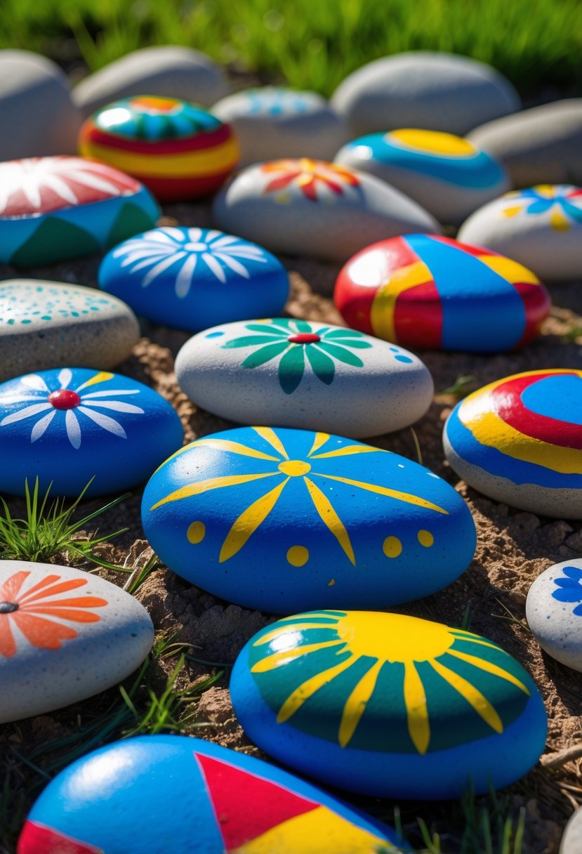 A group of colorful painted stones with geometric patterns arranged on the ground in a garden setting.