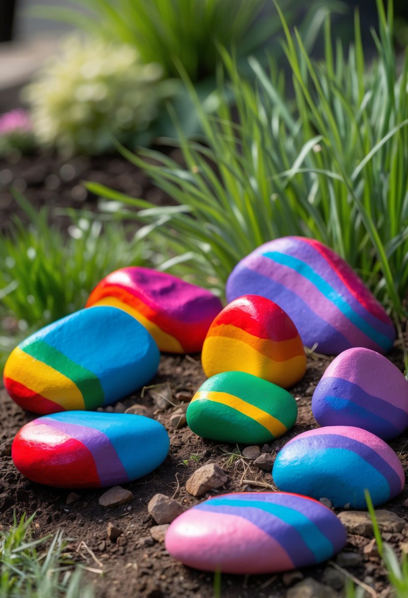 A group of smooth rocks painted with rainbow colors arranged on soil and grass in a garden.