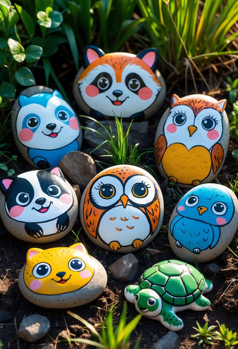 A group of garden stones painted with cute animal faces arranged on grass and soil outdoors.