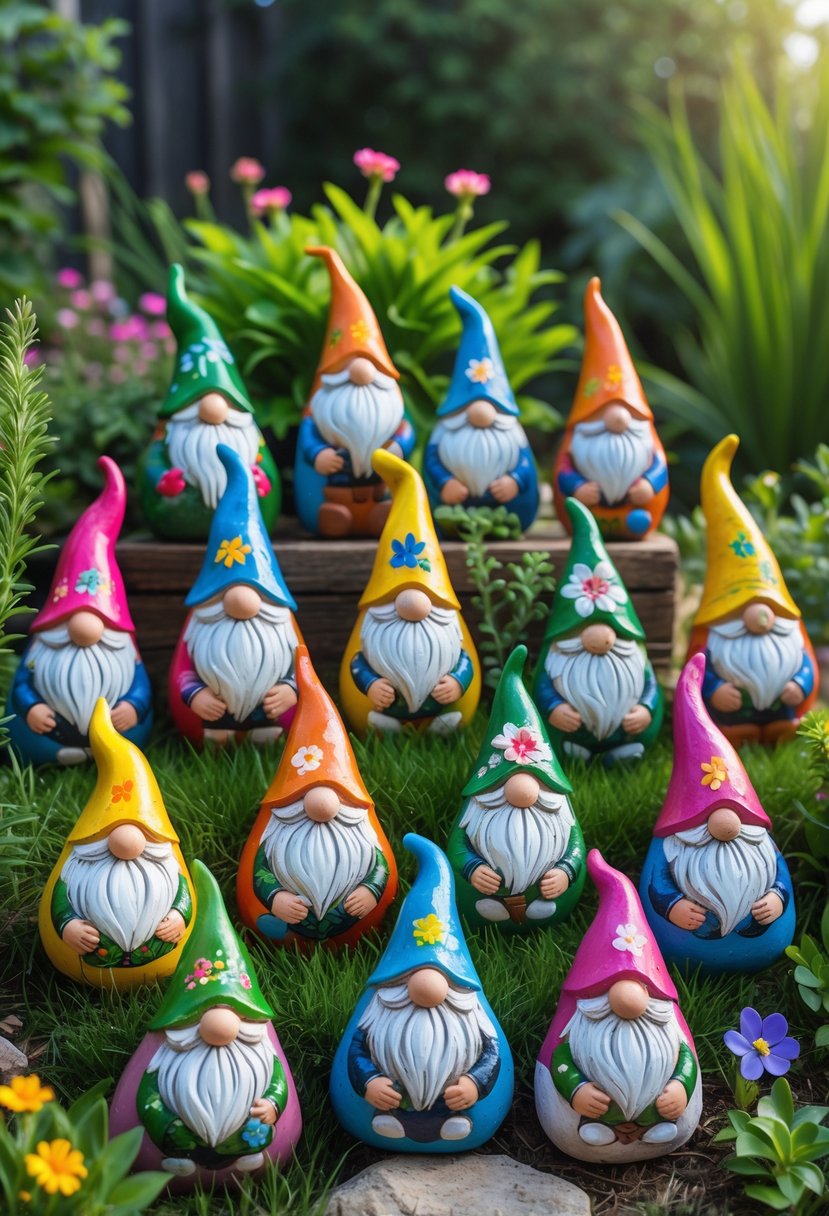 A collection of sixteen colorful miniature garden gnome rocks arranged on grass surrounded by plants and flowers.
