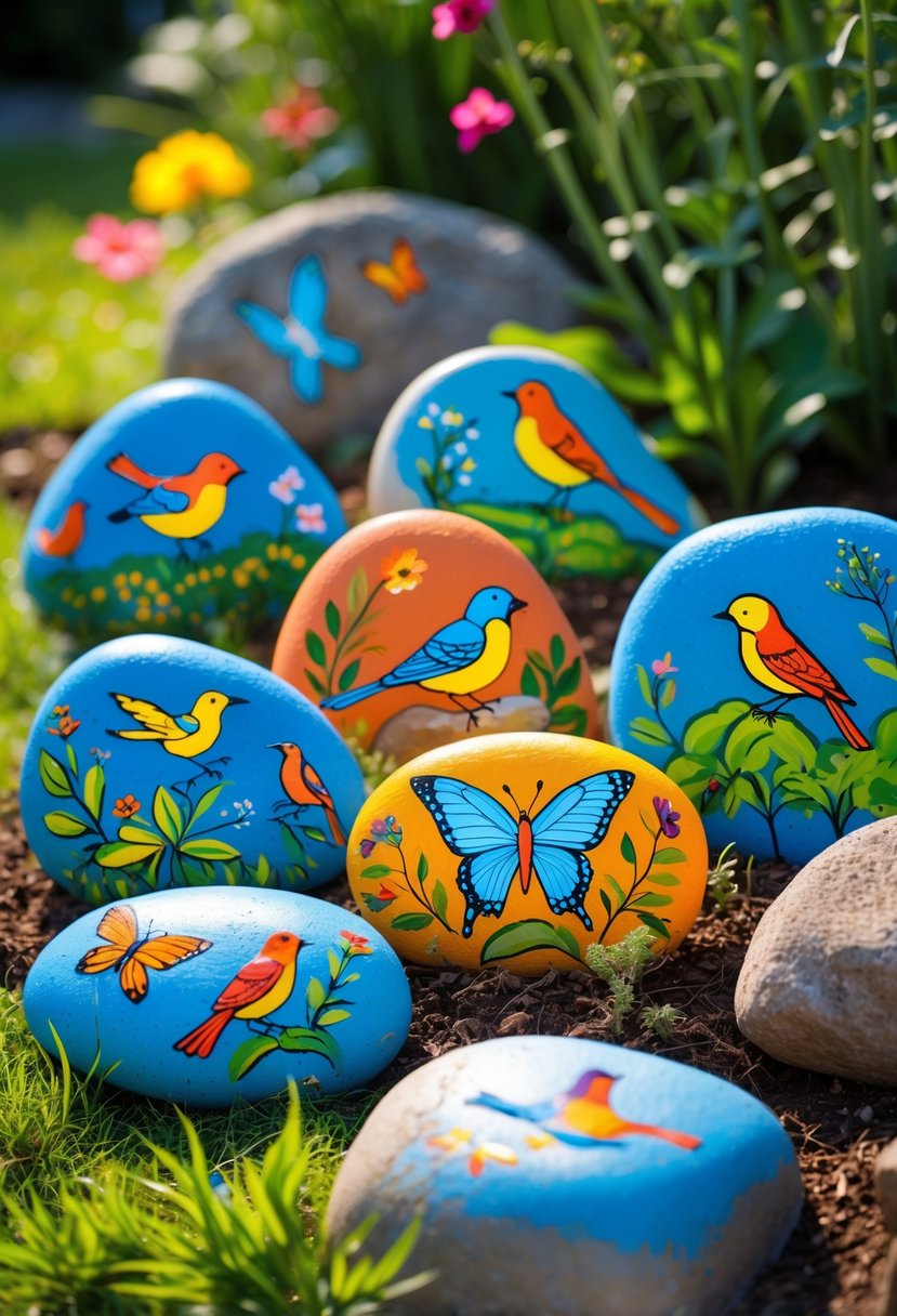 A garden scene with painted rocks featuring colorful birds and butterflies arranged on green grass with plants around.