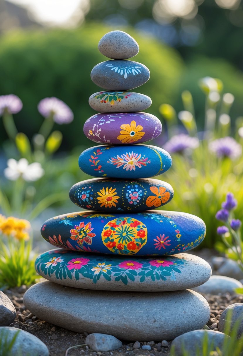 A stack of colorful painted rocks balanced outdoors in a garden surrounded by grass and plants.