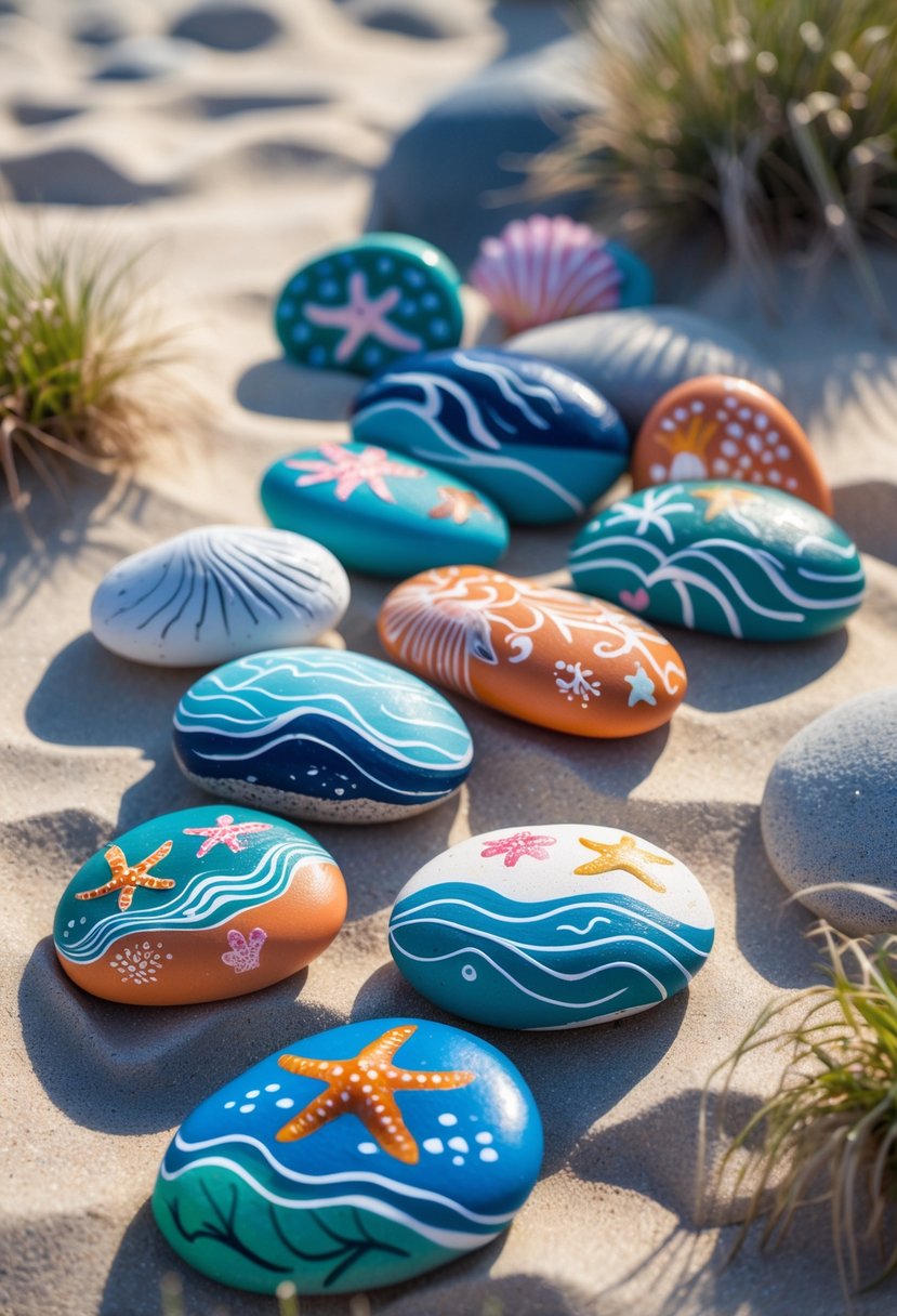 A collection of smooth beach stones painted with ocean-themed designs arranged on sandy ground.