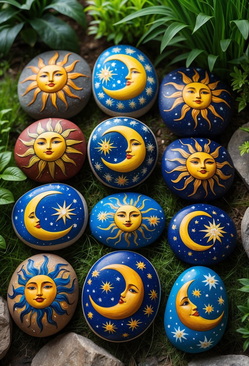 Sixteen painted rocks with sun and moon designs arranged outdoors on grass in a garden.
