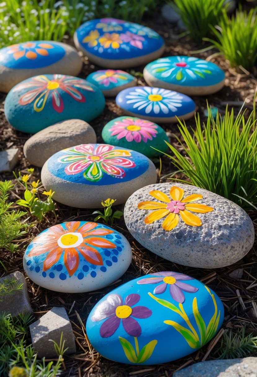 A collection of colorful painted stones arranged in a garden yard with grass and plants.