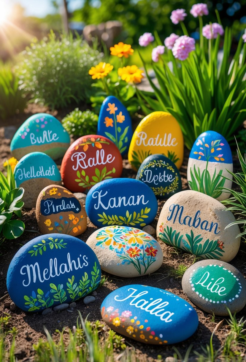 A garden area with sixteen colorful painted rocks featuring personalized name markers arranged among plants and grass.