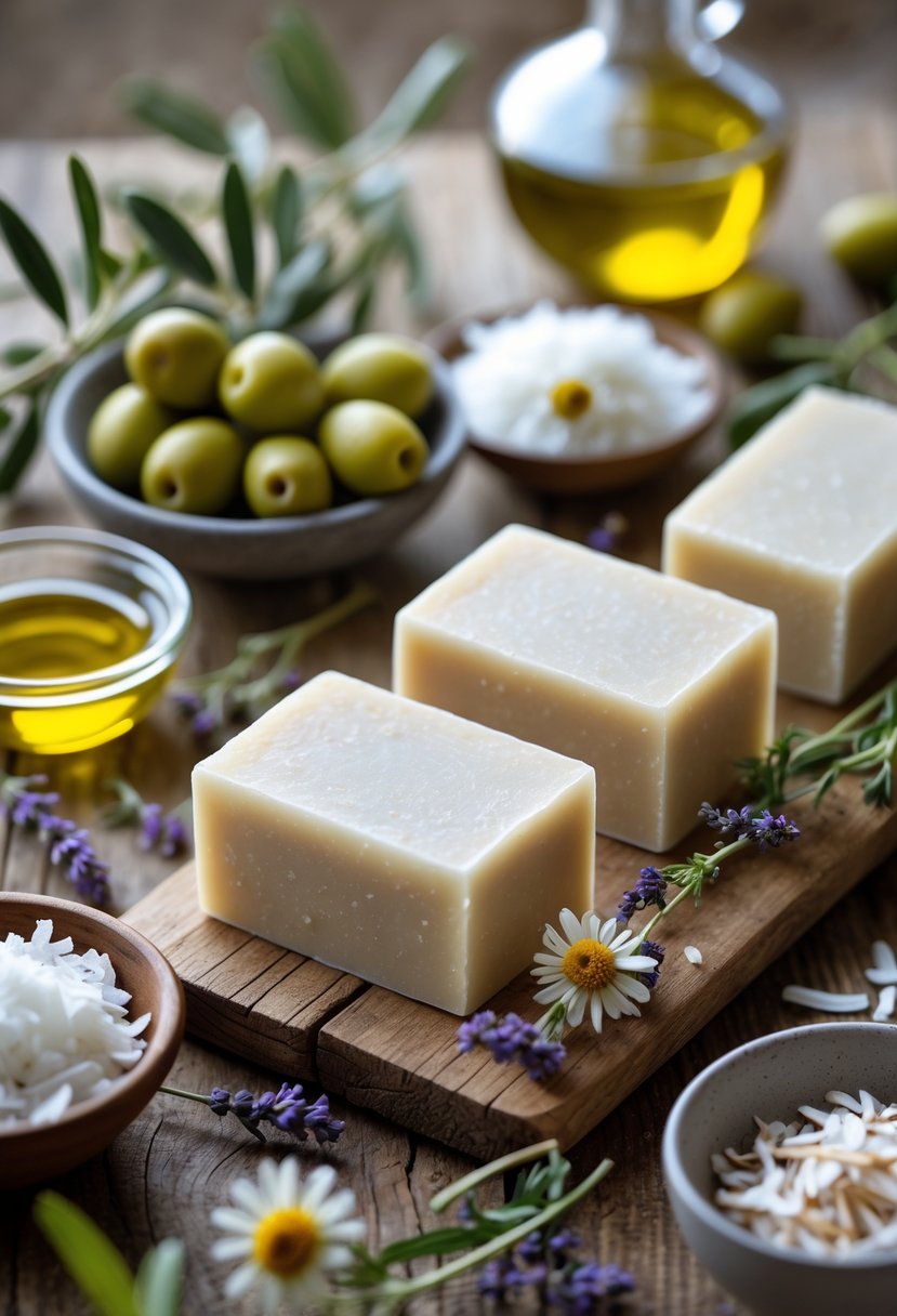 Bars of handmade soap on a wooden table surrounded by olive branches, coconut flakes, small bowls of olive and coconut oil, and scattered herbs and flowers.