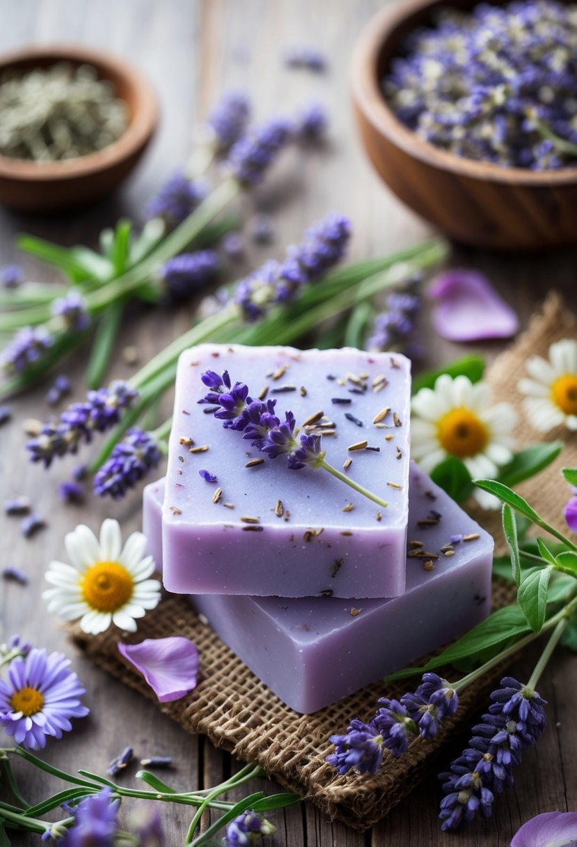 Lavender soap bars surrounded by fresh and dried lavender, herbs, and flowers on a wooden surface.