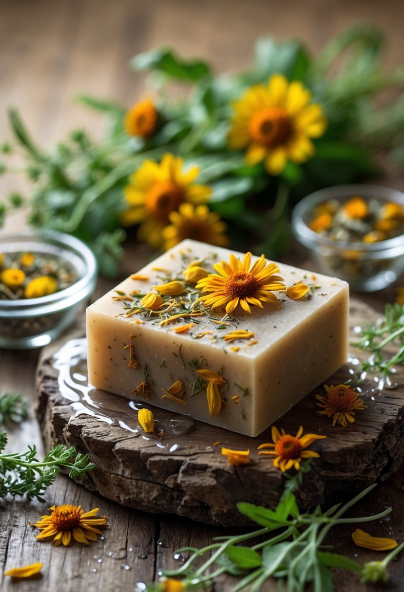 A bar of soap with calendula petals surrounded by fresh calendula flowers and herbs on a wooden surface.