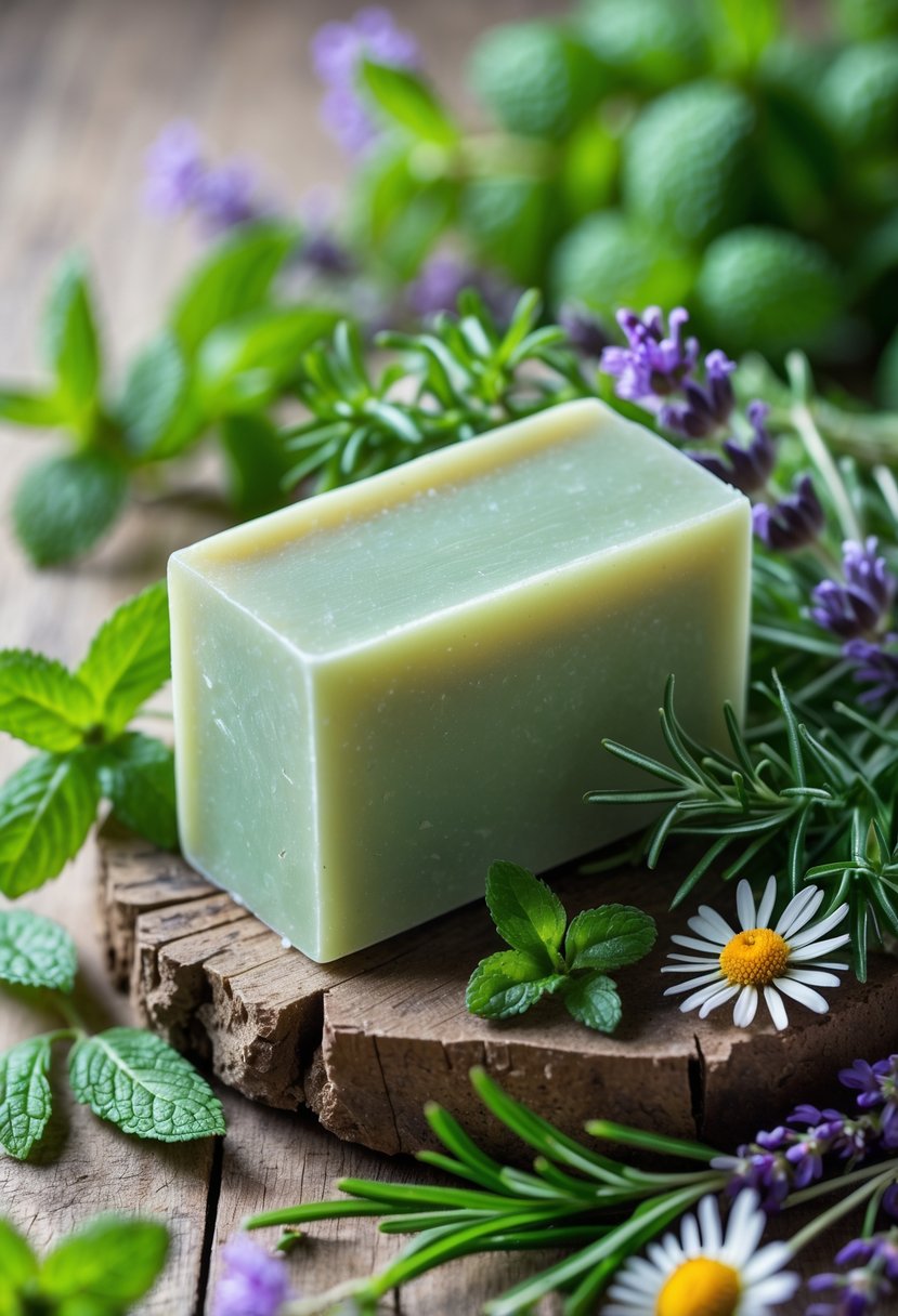 A bar of peppermint soap placed on a wooden surface surrounded by fresh garden herbs and flowers.