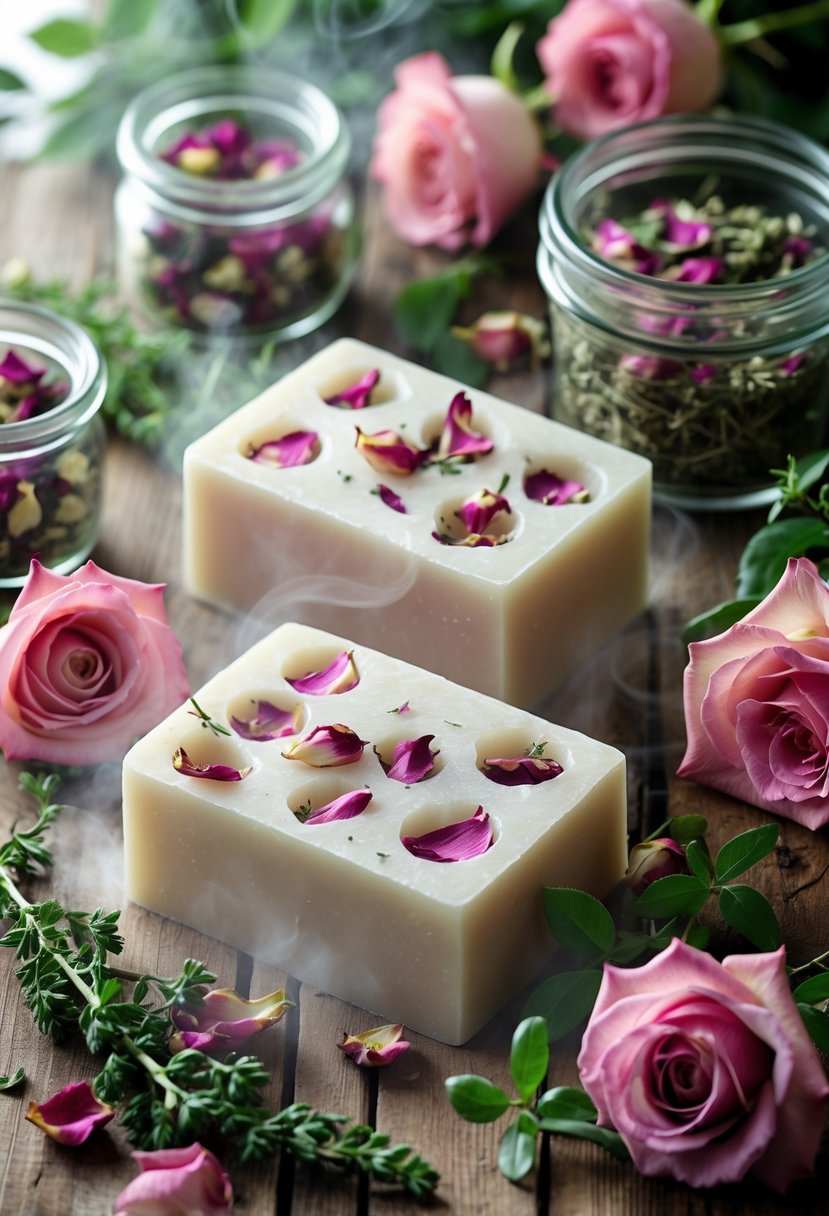 Handcrafted rose petal soap bars surrounded by fresh roses and herbs on a wooden surface.