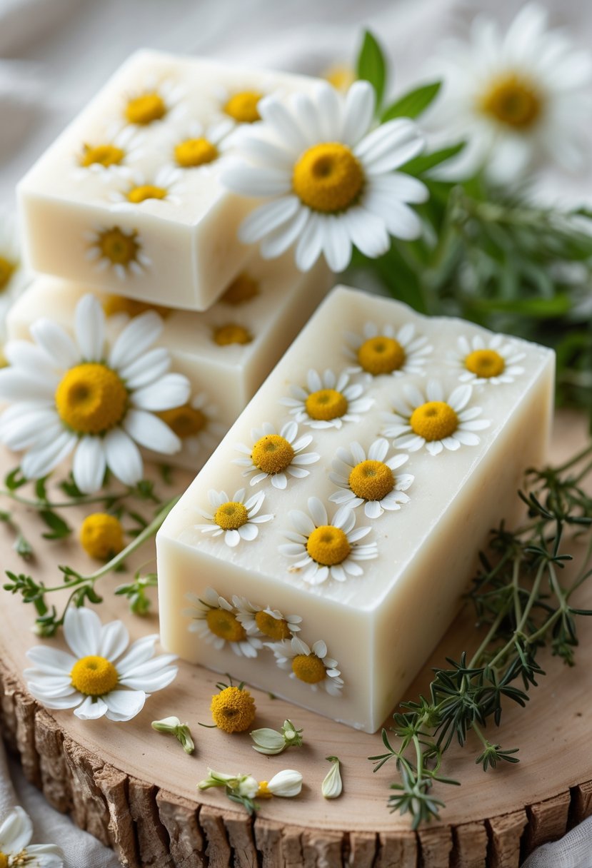 Handmade chamomile soap bars displayed with fresh chamomile flowers and herbs on a wooden surface.