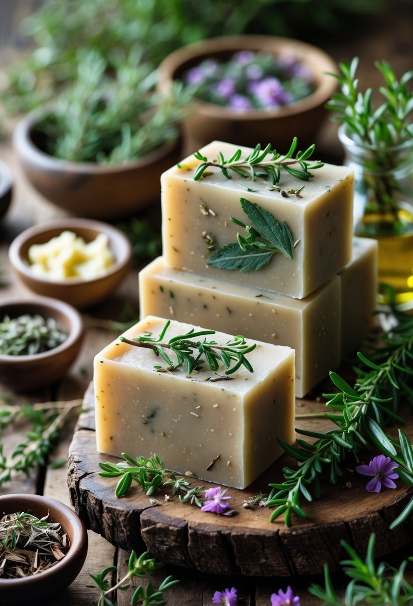 Handmade herbal soaps with rosemary and thyme on a wooden table surrounded by fresh herbs and soap-making ingredients.