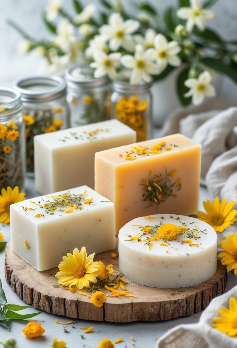 A collection of handmade jasmine and calendula soaps surrounded by fresh jasmine and calendula flowers on a wooden surface.