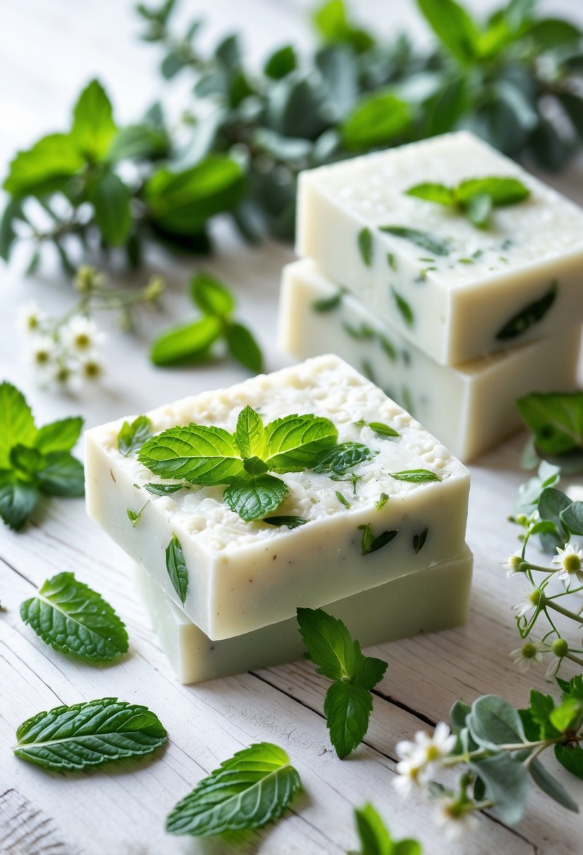 Soap bars with mint leaves and eucalyptus sprigs arranged on a wooden surface with fresh herbs and flowers around them.