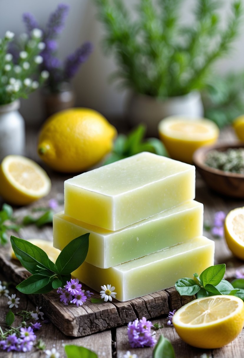 Soap bars surrounded by lemon verbena leaves, lemon slices, and small flowers on a wooden surface.