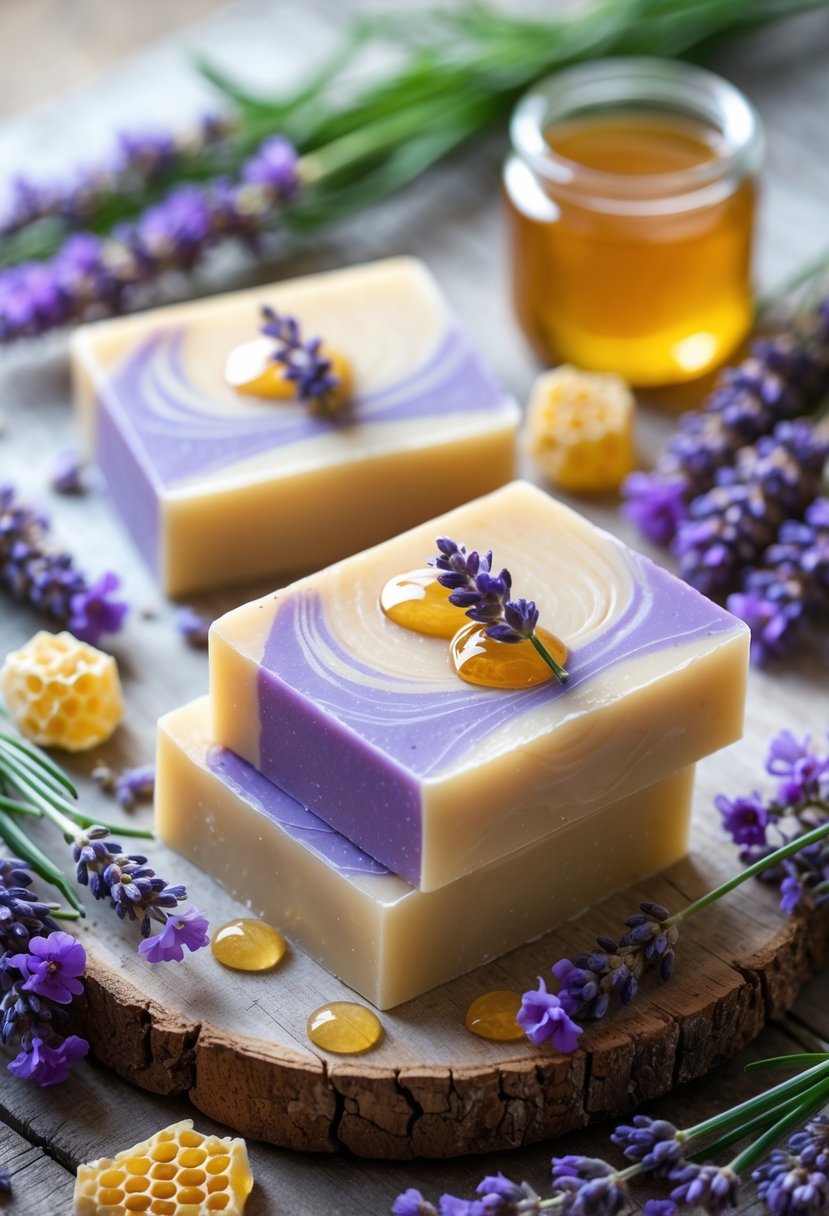 Soap bars with lavender sprigs, honeycomb pieces, and a jar of honey arranged on a wooden surface.