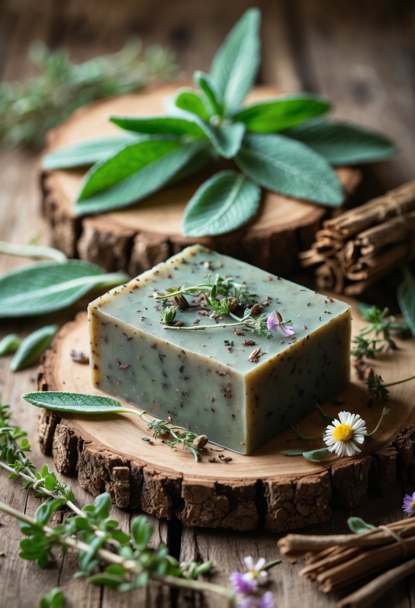 A bar of soap surrounded by fresh sage leaves, cedarwood branches, dried herbs, and flowers on a wooden surface.