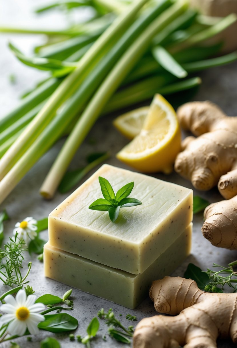 A display of natural soap bars surrounded by lemongrass stalks, ginger roots, and small flowers on a softly lit surface.