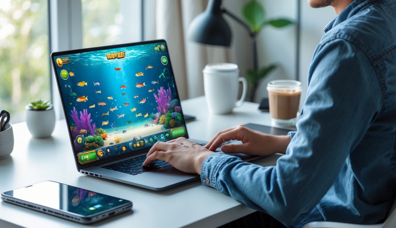 Seseorang duduk di meja modern bermain permainan tembak ikan online di laptop dengan latar belakang ruangan rumah yang nyaman.