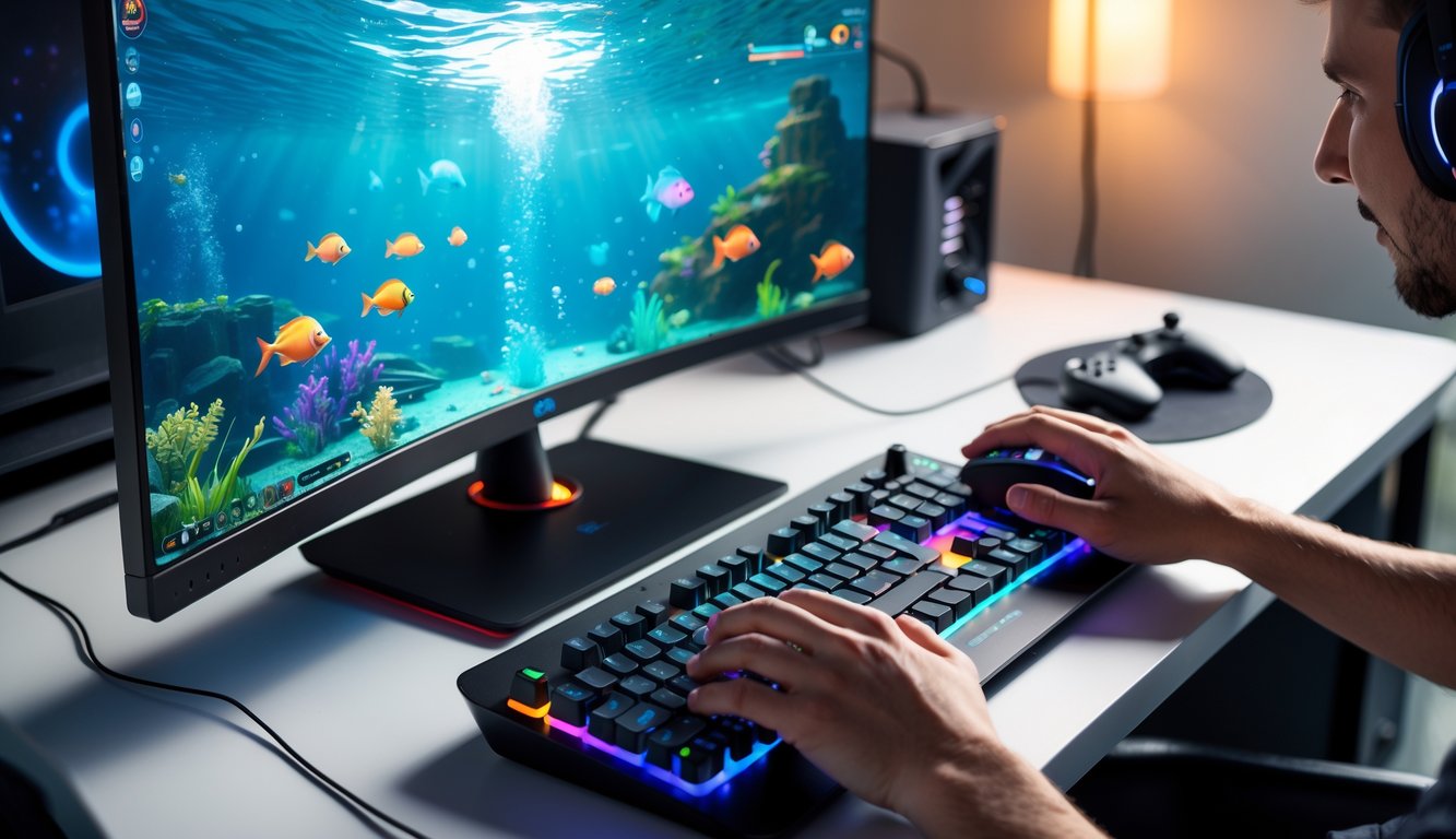 Seorang pemain sedang menggunakan komputer dengan layar menampilkan permainan menembak ikan online di meja yang rapi.